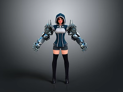 Cyber Female Character With Mechanical Arms Hoodie Outfit And Black Stockings Standing Pose 3d model