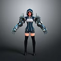Cyber Female Character With Mechanical Arms Hoodie Outfit And Black Stockings Standing Pose
