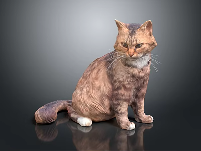 Brown And White Cat Sitting On Black Reflective Surface With Gray Background 3d model