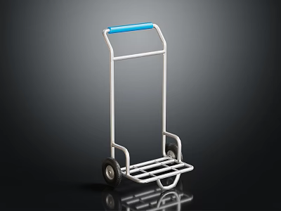 Silver Metal Hand Cart With Blue Handle And Simple Wheel Structure Design 3d model
