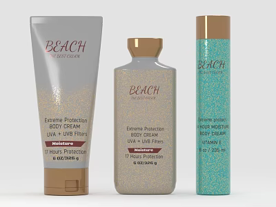 BEACH Brand Skincare Products Including SPF50 UV Protection Sunscreen And Sparkle Shimmer Body Cream 3d model