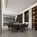 Modern Open Restaurant Interior With Marble Bar Counter Round Dining Table And Wine Racks 3d model