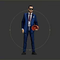A Man In Blue Plaid Suit Wearing Sunglasses Holding Red Hat Against Gray Background