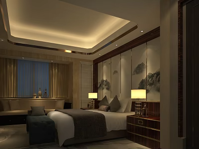 Elegant Hotel Guest Room With Comfortable Bed Soft Lighting And Chinese Landscape Painting Decor 3d model