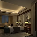 Elegant Hotel Guest Room With Comfortable Bed Soft Lighting And Chinese Landscape Painting Decor