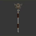 Ornate War Hammer With Metallic Decorative Head Red Grip And Shiny Shaft