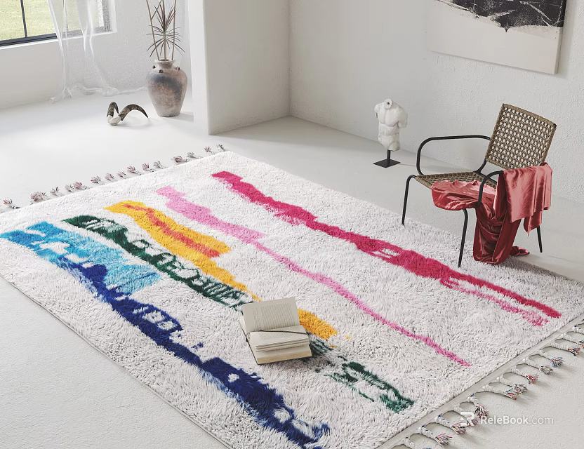 Colorful Square Area Rug With Stripes And Tassels In Room 3d model 