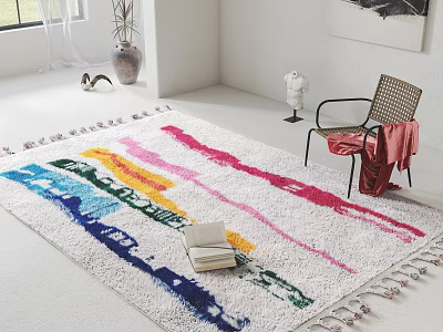 Colorful Square Area Rug With Stripes And Tassels In Room 3d model