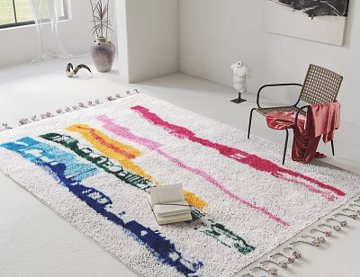 Colorful Square Area Rug With Stripes And Tassels In Room 3d model