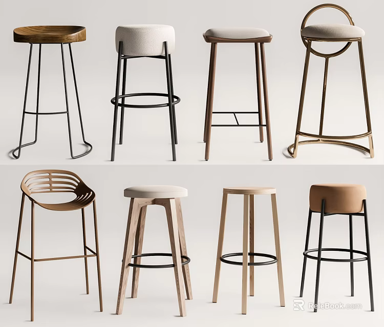 Modern Stylish Bar Stools With Various Designs Wooden Metal Frames And Padded Seats 3d model 