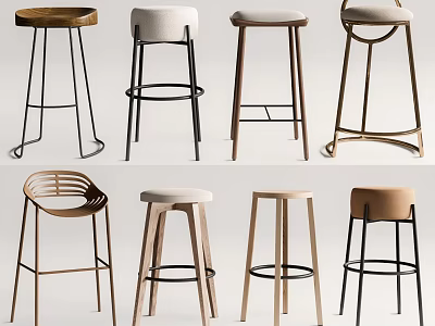 Modern Stylish Bar Stools With Various Designs Wooden Metal Frames And Padded Seats 3d model
