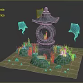 Stone Lantern Architectural Structure With Blue Decorative Elements White Statues And Green Grass
