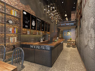 Industrial Style Bubble Tea Shop With Brick Wall Metal Counter And Hanging Lights 3d model