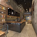 Industrial Style Bubble Tea Shop With Brick Wall Metal Counter And Hanging Lights