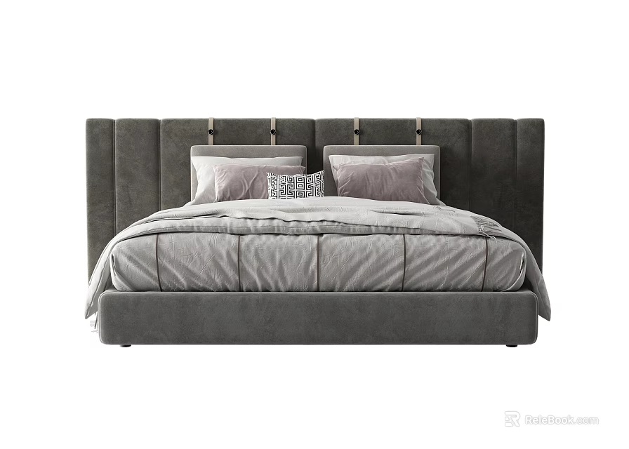 Double Bed With Modern Upholstered Headboard Gray Bedding And Decorative Pillows 3d model