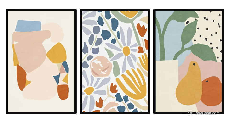 Colorful Abstract Floral Wall Art Set With Botanical And Geometric Elements 3d model 