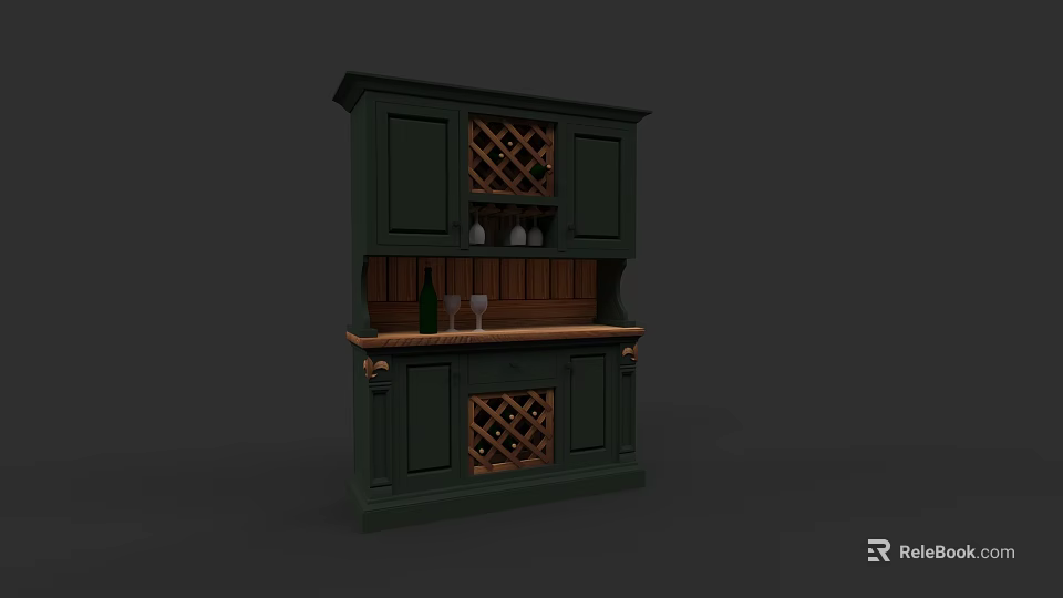 Classic Green Wine Cabinet With Wooden Frame And Wine Storage Racks 3d model 