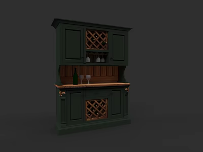 Classic Green Wine Cabinet With Wooden Frame And Wine Storage Racks 3d model