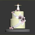 Two Tier White Wedding Cake Decorated With Pink Roses And Figurine On Grey Platter
