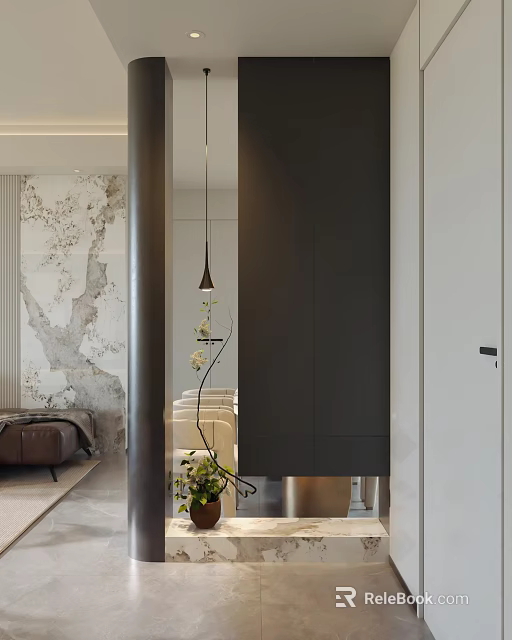 Modern Entryway Hallway Design With Marble Wall Pendant Light And Green Plants 3d model