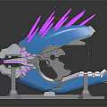 Blue And Purple Spiked 3D Modeled Weapon With Gray Structure And Base Stand 3d model