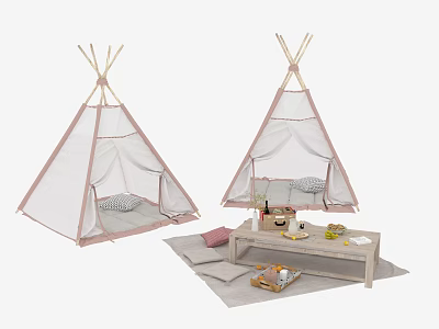Pink And White Teepees With Small Table Cushions And Play Items In Cozy Space 3d model