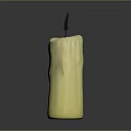 Burning Candle With Melted Wax And Flaming Wick On Dark Background