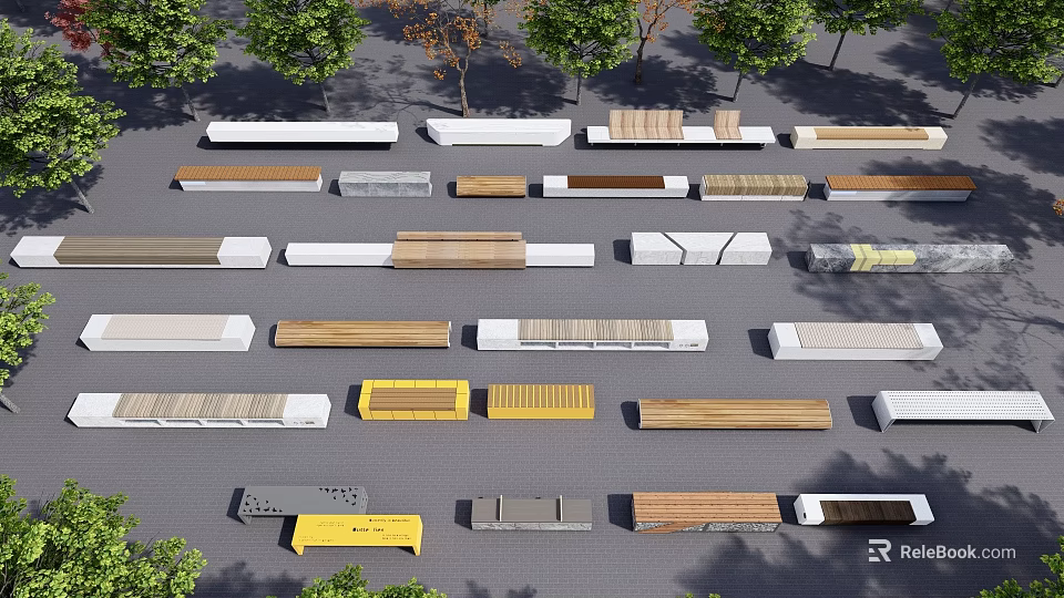 Diverse Outdoor Landscape Seats With Assorted Materials In Park Setting 3d model