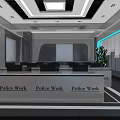 Modern Police Office Interior With Desks Computers Large Windows Green Plant And Ceiling Design