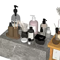 Stylish Bathroom Accessories Set With Bottles Trays Diffusers On Marble Countertop 3d model