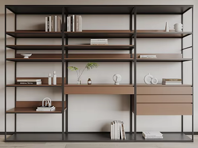 Modern Bookshelf Design With Metal Frame Multiple Wooden Shelves Drawers And Decorative Items 3d model