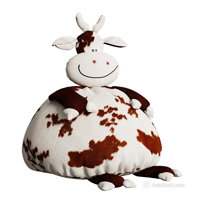 Cute Cow Stuffed Toy with White and Brown Spotted Plush Body and Smiling Face 3d model 