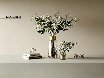 Designer Vases With White Flowers Green Leaves Gold Accent On Table With Books 3d model