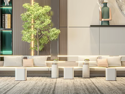 Modern Sofa Coffee Table Set With Cylindrical Tables Pillows And Green Plant In Living Room 3d model