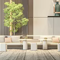 Modern Sofa Coffee Table Set With Cylindrical Tables Pillows And Green Plant In Living Room