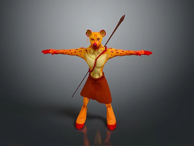Anthropomorphic Beast Character With Yellow Body Red Spots Brown Skirt Spear And Outstretched Arms 3d model