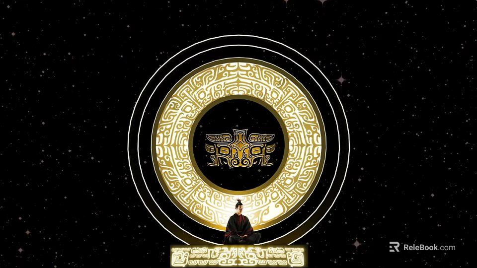 Golden Circular Totem With Intricate Pattern Central Emblem And Silhouette Figure On Starry Background 3d model 