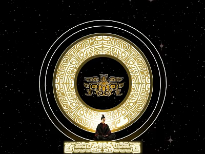 Golden Circular Totem With Intricate Pattern Central Emblem And Silhouette Figure On Starry Background 3d model