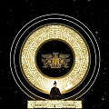 Golden Circular Totem With Intricate Pattern Central Emblem And Silhouette Figure On Starry Background