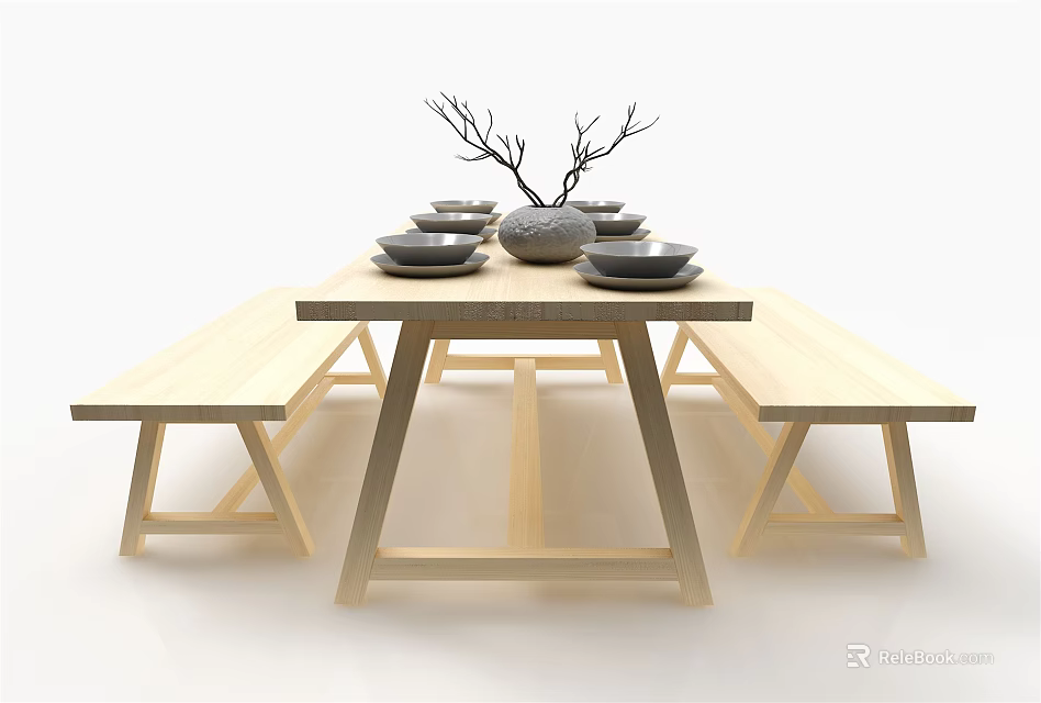 Minimalist Wooden Dining Table Set With Bench Seats Plates Bowls And Decorative Branch Vase 3d model 