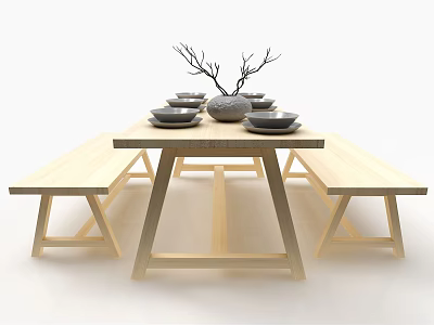 Minimalist Wooden Dining Table Set With Bench Seats Plates Bowls And Decorative Branch Vase 3d model