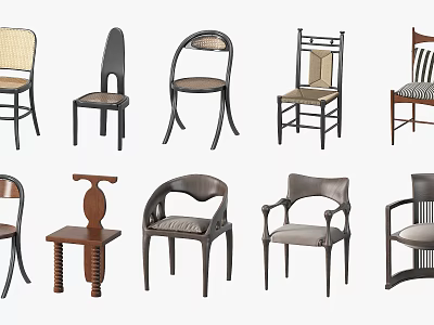 Stylish Single Chairs With Various Designs Unique Backrests And Wooden Legs 3d model