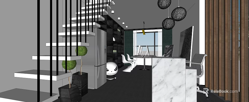 Modern Public Office Space With Staircase Green Plants Marble Counter Table And Pendant Lights 3d model 
