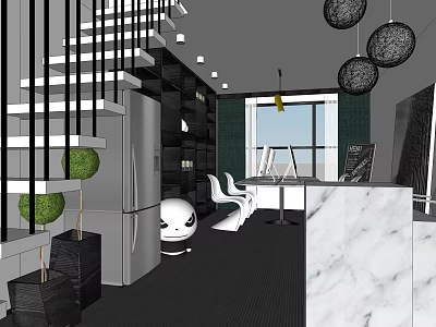Modern Public Office Space With Staircase Green Plants Marble Counter Table And Pendant Lights 3d model
