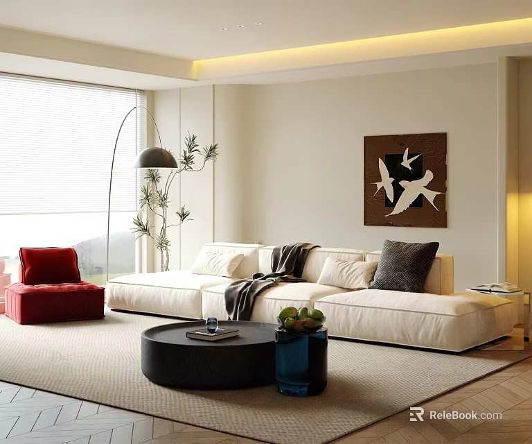 Bright Modern Minimalist Living Room With Soft White Sectional Sofa And Elegant Home Decorations 3d model 
