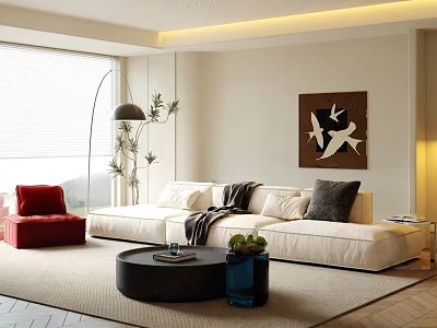 Bright Modern Minimalist Living Room With Soft White Sectional Sofa And Elegant Home Decorations 3d model