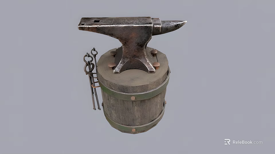 Vintage Industrial Equipment Anvil Placed On Wooden Barrel With Iron Tools 3d model 