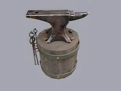 Vintage Industrial Equipment Anvil Placed On Wooden Barrel With Iron Tools 3d model