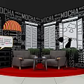 Coffee Themed Photo Check in Spot With Text Pattern Backdrop Gray Armchairs And Red Carpet