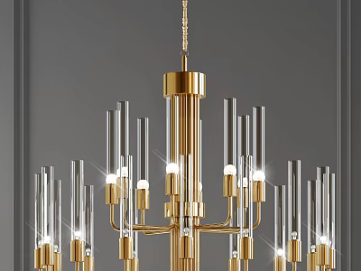 Modern Chandelier With Golden Frame And Transparent Glass Tubes Illuminated Modern Design 3d model